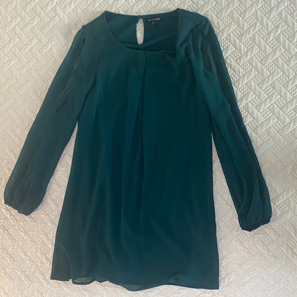 As U Wish Green Teal Long Sleeve Dress Women’s Size S Open Shoulder Sleeves Cute